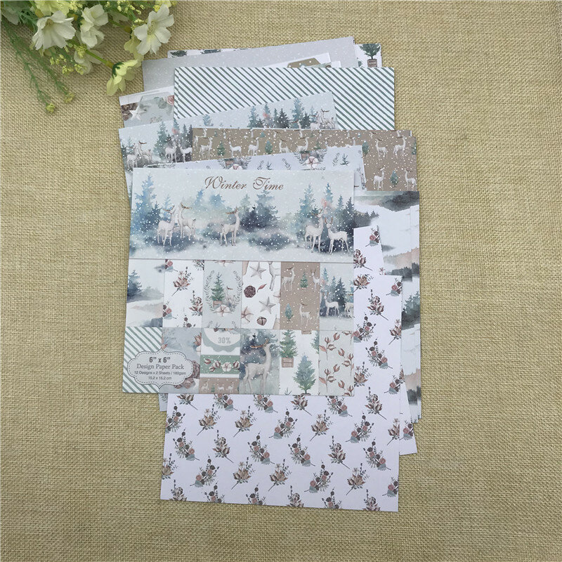 Paquete de papel de álbum de recortes de tiempo de invierno, papel artesanal hecho a mano, almohadilla de fondo artesanal, 6 "x 6", 24 hojas