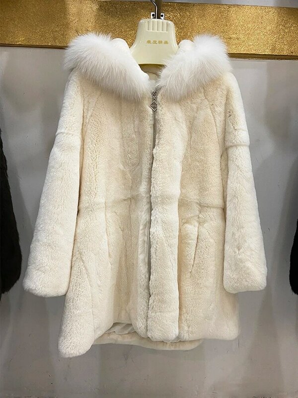 Abrigo de piel de conejo Rex con capucha para mujer, abrigo de piel de zorro Real, color gris sólido y blanco grueso, 75cm de longitud, Invierno