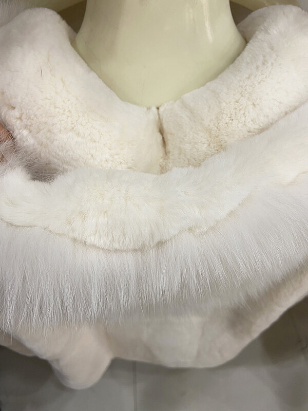 Wanita Musim Dingin Hangat Lembut Padat Abu-abu Putih Tebal Hangat Nyata Rex Bulu Kelinci Berkerudung Nyata Bulu Rubah Pakaian Luar 75Cm Panjang