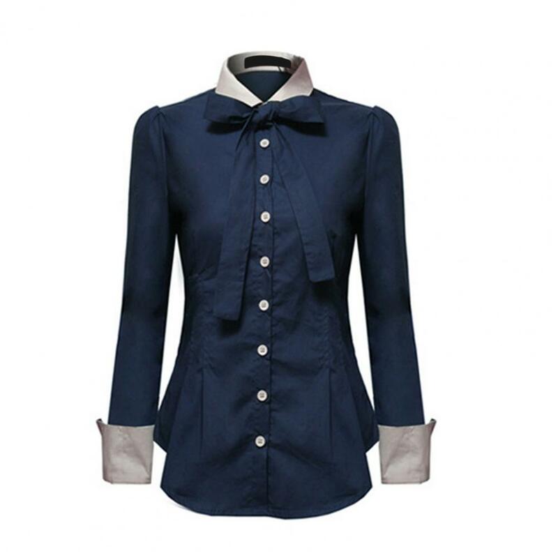 Блузка Женская Офисная с пуговицами, элегантная облегающая Однотонная рубашка с длинным рукавом, синий топ, распродажа