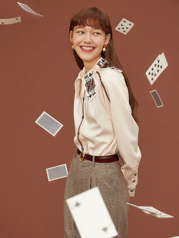 Women's Printed Stripe Shirt, Fun Playing Cards, Original Design, Spring and Autumn