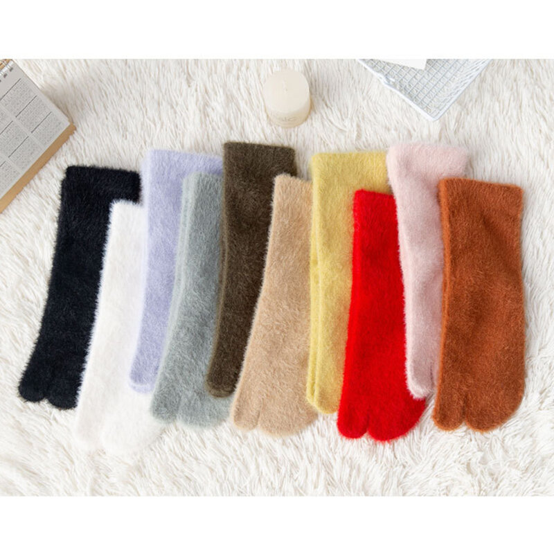 Calcetines de dos dedos para mujer, medias cálidas de lana de visón de dos dedos, calcetín grueso de tubo medio de color sólido a la moda, 1 par