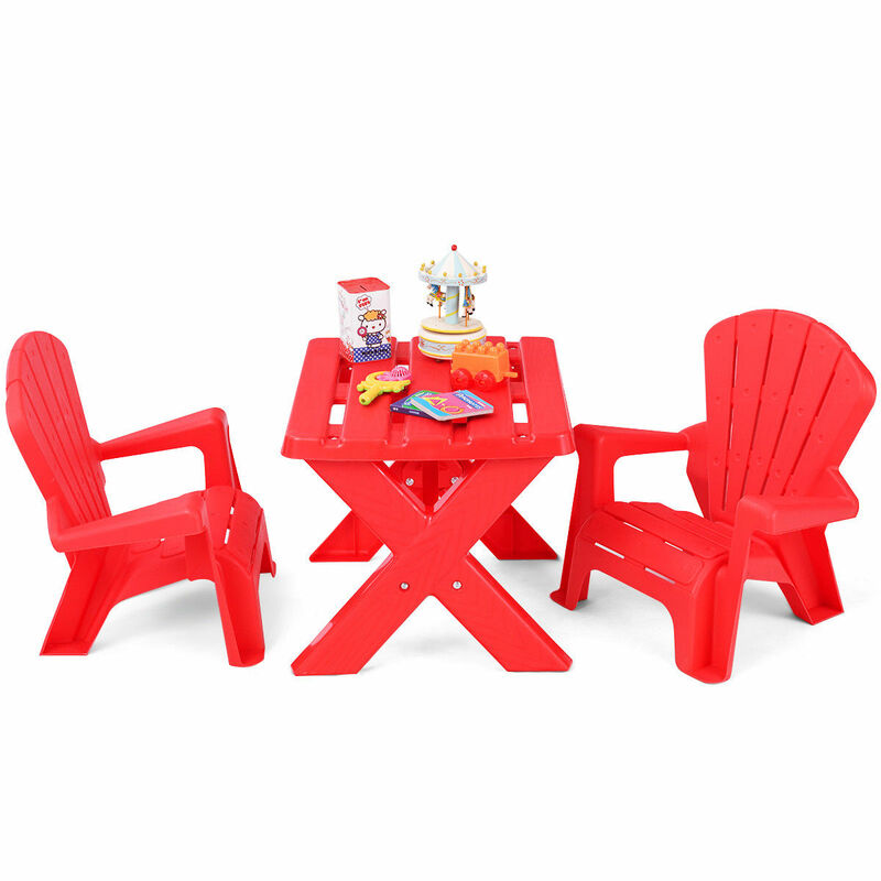 Plastic Children Kids Table & Chair Set 3-Piece Play Furniture In/Outdoor Red
