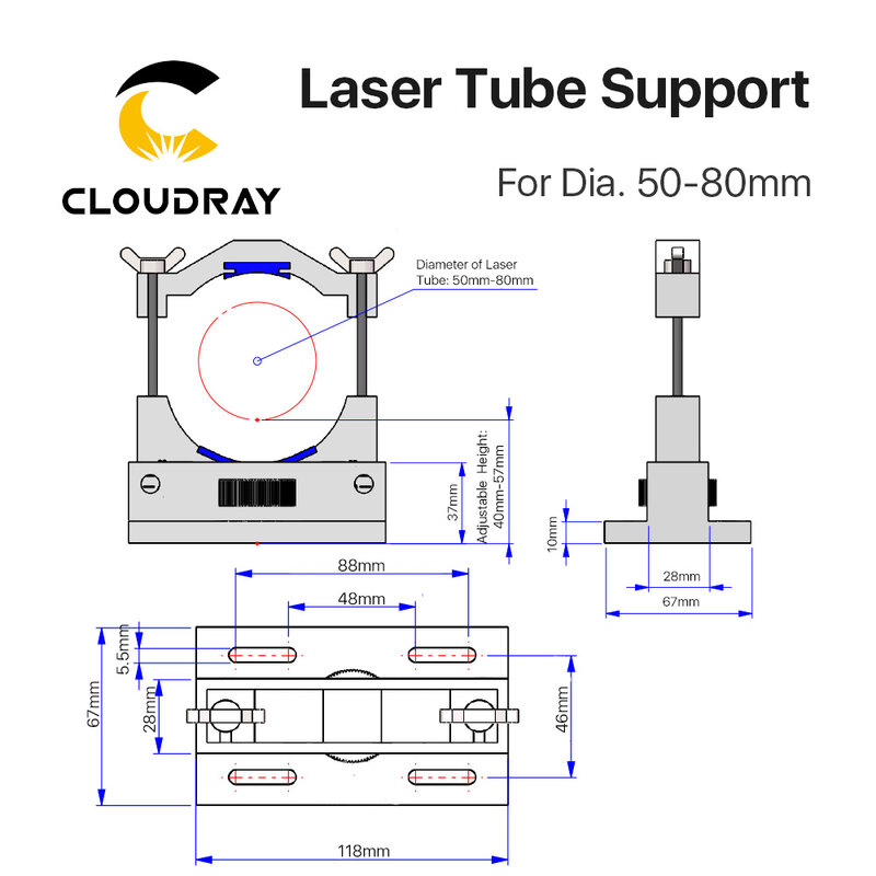 Suporte para tubo laser co2, suporte de montagem flexível de plástico 50-80mm para máquina de corte e gravação a laser de 50-180w