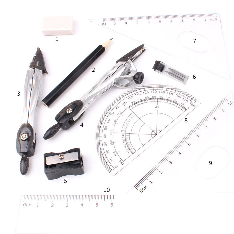 10 stücke Geometrie Kit Geometrie Winkelmesser für Zeichnung Radiergummi Kompasse Set Mathematik Radiergummi Lineal Für Studenten