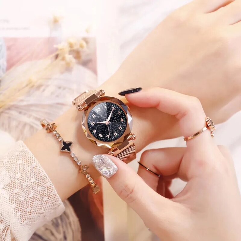 시계 여성 패션 럭셔리 스테인레스 스틸 마그네틱 버클 스트랩 굴절 표면 빛나는 다이얼 숙녀 쿼츠 시계
