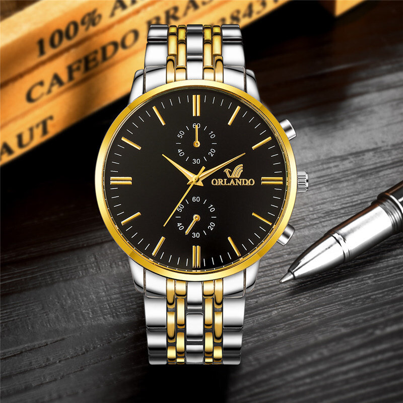 العلامة التجارية الجديدة الرجال ساعة أورلاندو موضة ساعة كوارتز فضية الذهب الفولاذ المقاوم للصدأ ساعة رجالي ساعات رجالي كوارتز ساعة horloge mannen