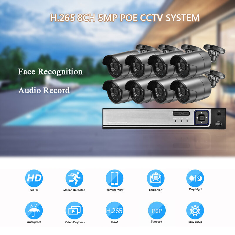 AZISHN Face Detection 8CH POE NVR CCTV System Kit HD 5MP H.265 Audio Waterproof Bullet IP Camera Home Security Surveillance Set