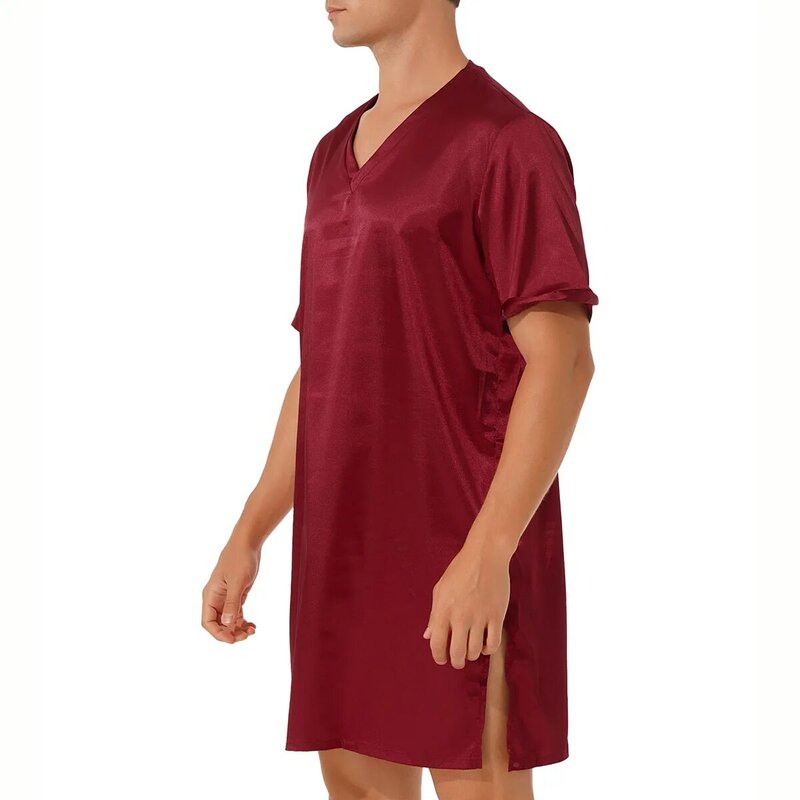 Pijama de satén de seda para hombre, ropa de casa informal con abertura lateral, manga corta, cuello en V