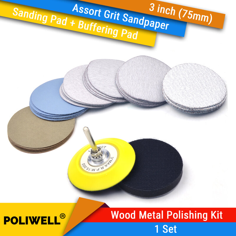 Kit de polimento de madeira e metal de 3 polegadas, discos de lixa em gancho e laço, almofada de suporte de haste de 1/4 polegadas + almofada de polimento de esponja macia