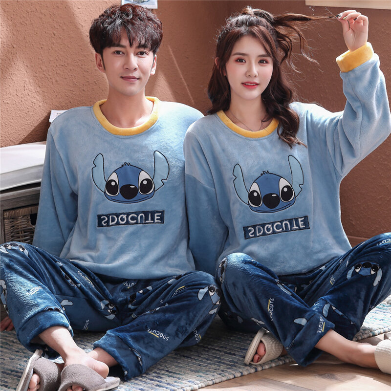 Koppels Dikke Warme Flanellen Lange Mouw Pyjama Sets Voor Vrouwen 2019 Winter Leuke Cartoon Panda Koraal Fluwelen Nachtkleding Mannen Homewear