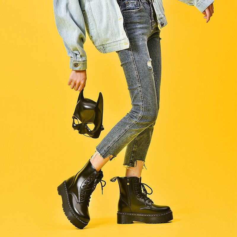 Botas De plataforma De Martens para Mujer, Botines De cuero genuino, parte inferior gruesa gótica Punk, De motocicleta, 2020