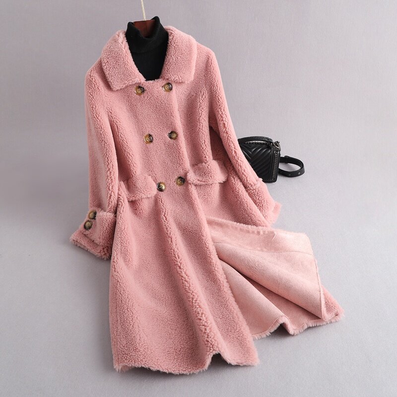 Abrigo de lana auténtica para mujer, chaqueta de otoño e invierno, gabardina, VF7070