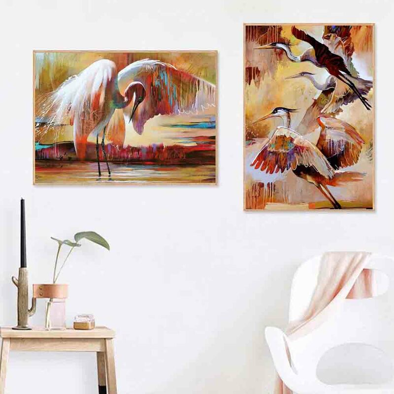 Peinture sur toile avec animaux et graffitis, art abstrait nordique, affiche esthétique de grue d'oiseau ambulant, décoration murale de salon pour la maison