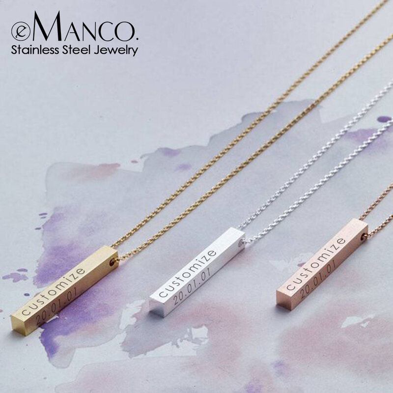 eManco Four Sides Engraving Personalized Square Bar Custom Name Necklace Stainless Steel Pendant Necklace Women/Men Gift