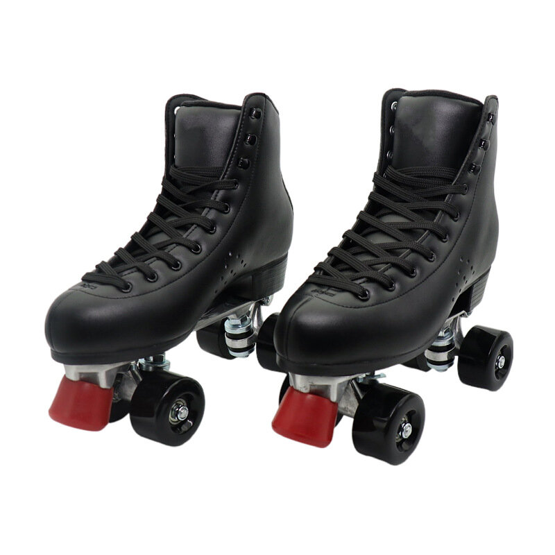 Herren schwarz Quad Rollschuh Double Line Skate Rindsleder Retro Skating Schuhe Unisex Sport Patines 4 Rad Schiebe stiefel Größe 33-48