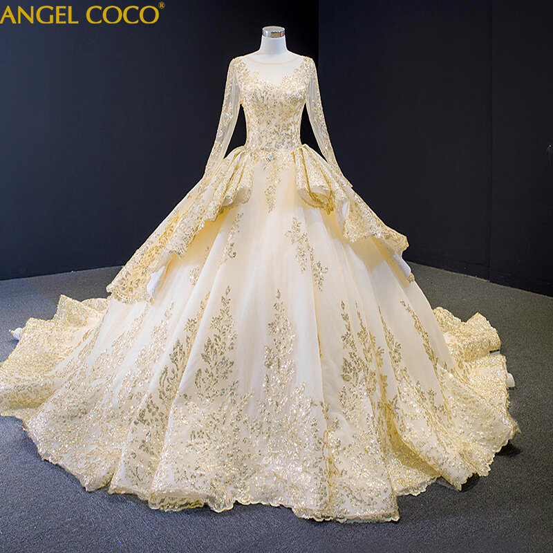 فاخر الذهبي الحبيب فستان الزفاف ملابس للحمل قطار زائد حجم فساتين الزفاف ثوب حريري للزفاف Mariage Vestido De Casamento