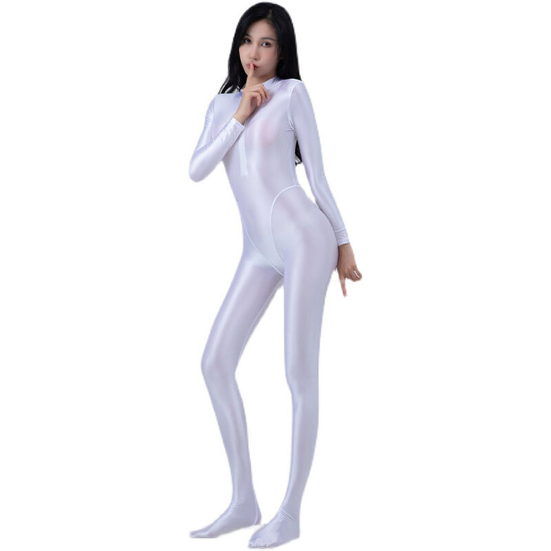 AMORESY Front Zipper Full Length Oil Tights Shiny Smooth Sexy Women Overall Yoga Zentai Playsuit Casual Suits Jumpsuits Catsuits