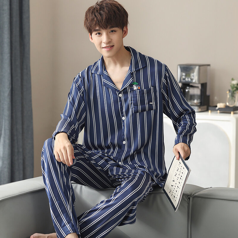 Autumn Men's Silk Striped Pajama Sets Satin Cardigan Sleepwear Pajamas Male Sleepwear Home Clothes Pijama Hombre Loungewear 4XL