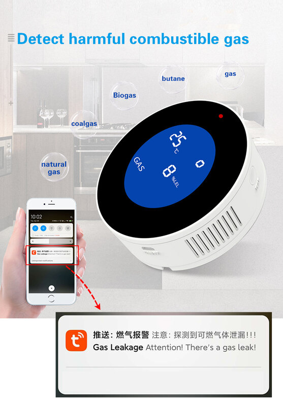 Wifi tuya app Natürliche Gas Alarm Sensor Mit temperatur funktion Brennbaren Gas Leck Detektor LCD Display home security alarm