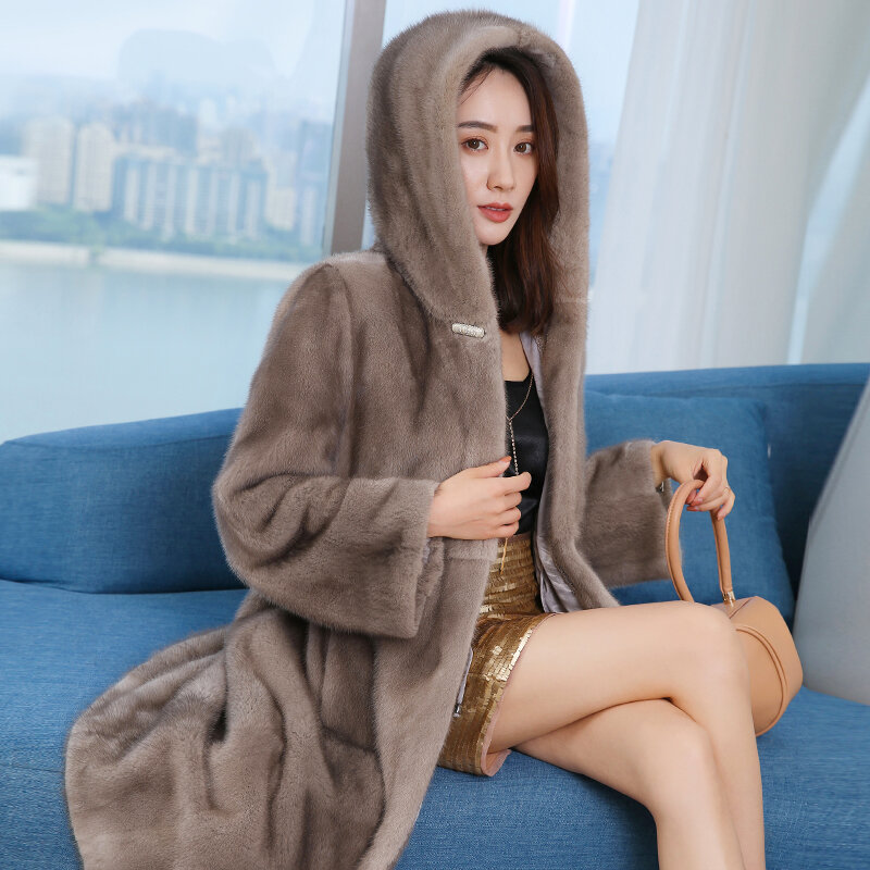Mink coat hooded women's 2020 new long section youth thickening warm luxury fur coat women's lapel coat