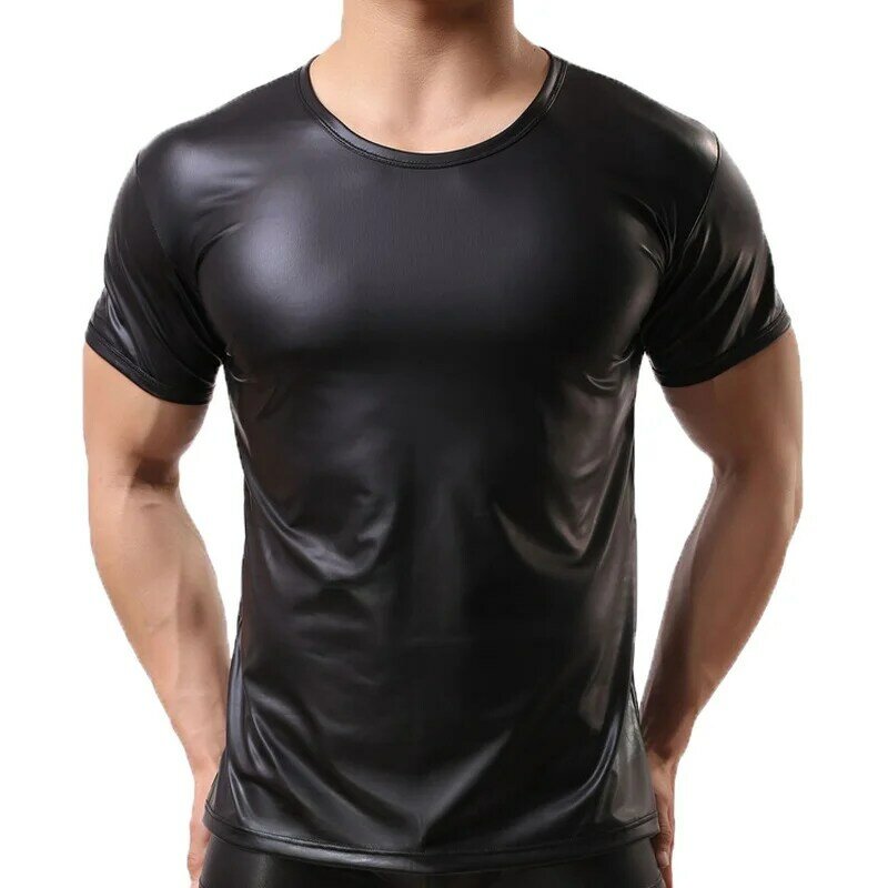 Men Shirts Faux Leather Short Sleeve T Shirts PU Leather Sexy Fitness Tops Gay Latex T-shirt Gay Stage Tee Sexy Party Clubwear