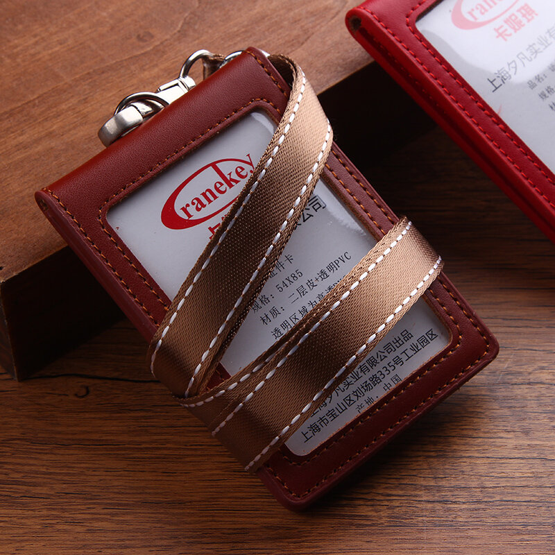 Leather folding work card cover cowhide card cover brand chest card work card hanging rope bus lanyard card cover