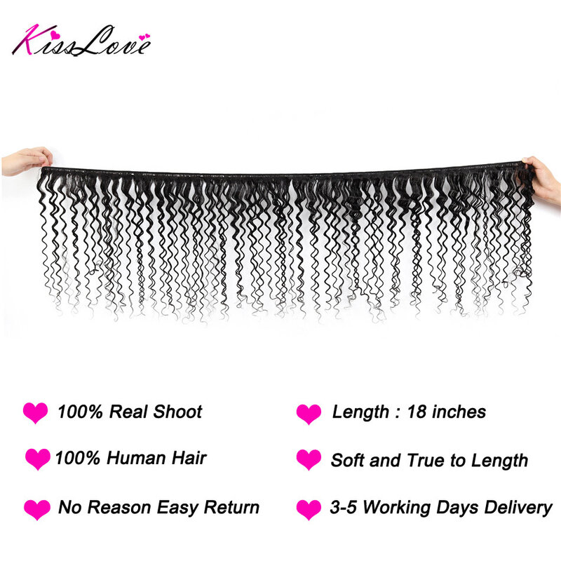 Kiss Love-Deep Wave Bundles com Encerramento, Weave de Cabelo Humano, Proporção Média Remy Hair, 3 Pacotes com Encerramento de Renda