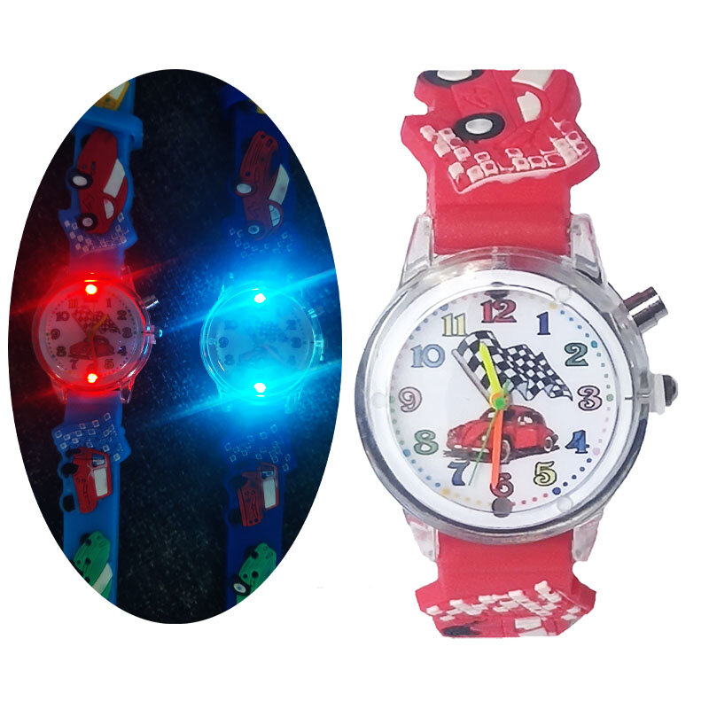 Samochodziki w stylu kreskówki zegarek dla dzieci dla chłopca pasek silikonowy Flash zegarek kwarcowy piłka nożna zegarki podświetlane dzieci urodziny prezenty zegar