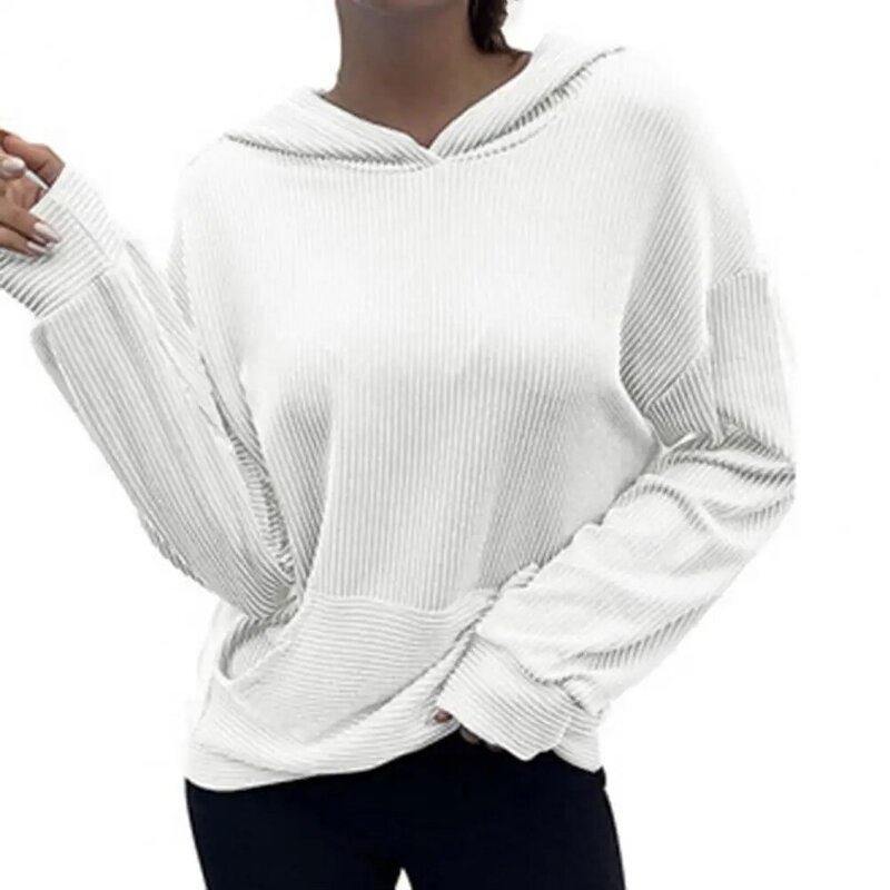 Solid Color Front Pocket Pullover Hoodie Autumn Long Sleeve Ribbed Hooded Women Sweatshirt Blouse Coat