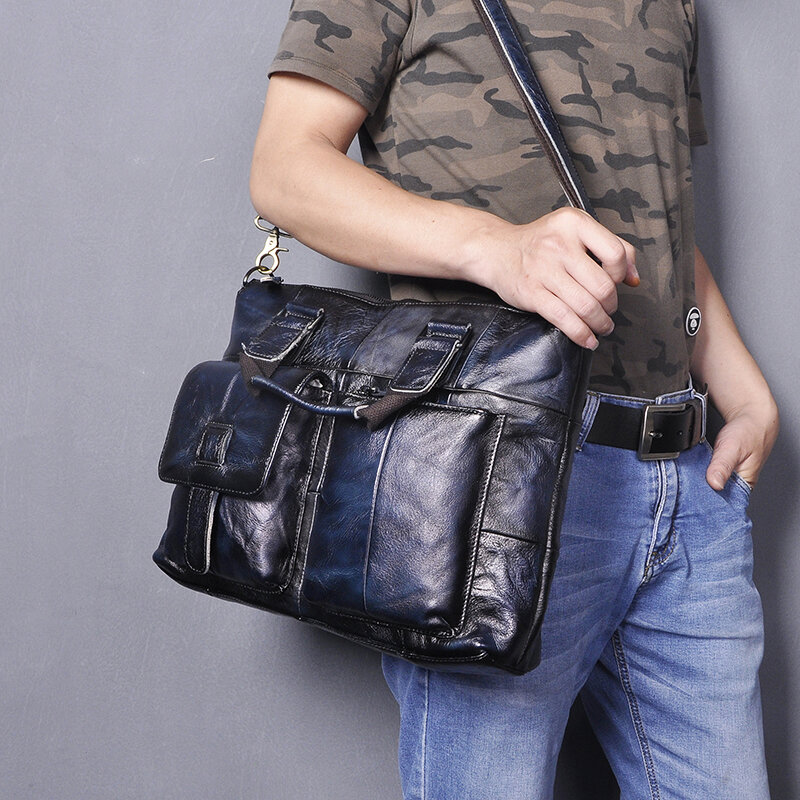 Мужской деловой портфель из высококачественной кожи синего цвета, деловой портфель для ноутбука 15,6 дюйма, атташе, портфель, сумка-мессенджер из малетина, B260