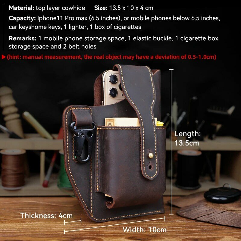 Portable Genuine Leather Men Belt Waist Pack Organizer Tactical Multifunction Holster EDC Key Holder Phone Cigarette Tools Case