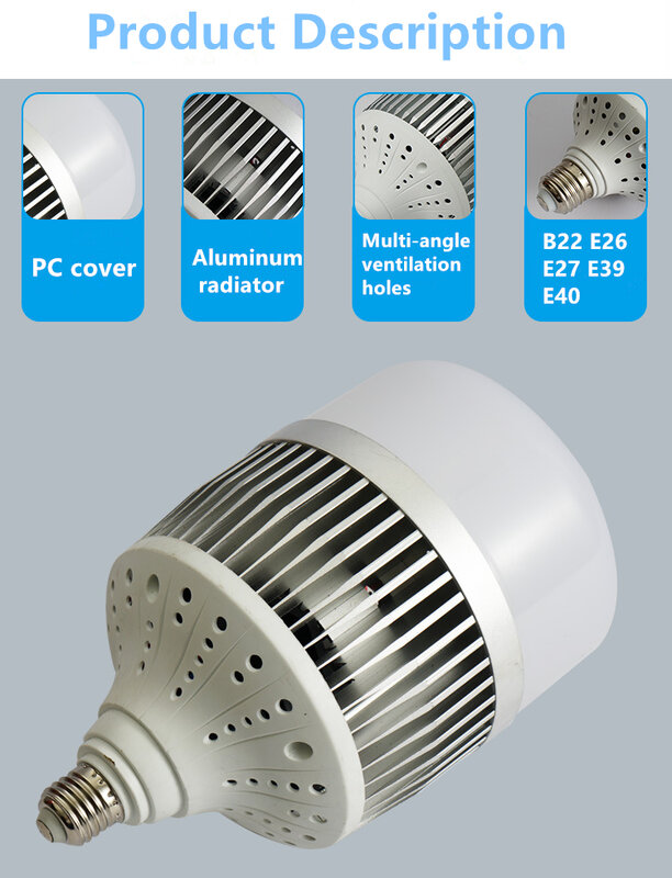 Светодиодная шаровая лампа высокой мощности E27 E40 80 Вт 120 Вт 150 Вт 200 Вт 300 Вт В переменного тока, энергосберегающая шаровая лампа, домашнее заводское напольное освещение для цеха