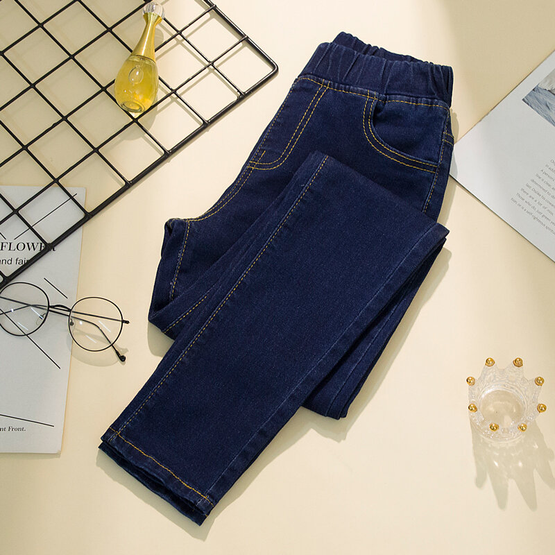 Preto 6xl calças de brim de cintura elástica feminina primavera outono fino estiramento lápis jeans all-match casual feminino namorado denim calças