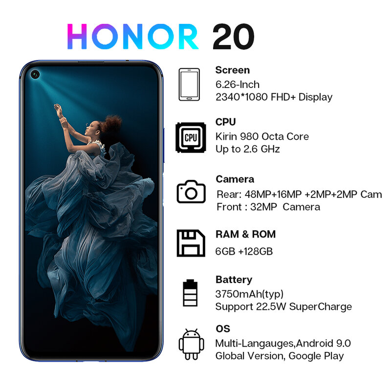 Глобальная версия Honor 20 смартфон 6G128G Kirin 980 Восьмиядерный 6,26 ''48MP четыре камеры мобильного телефона Googling Play SuperCharge