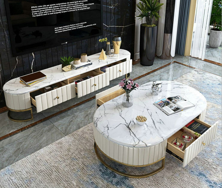 Table à thé en cuir et marbre, support de TV, blanc, bleu, pour salon, bord ovale, armoire + meuble tv + table café, centre de Table