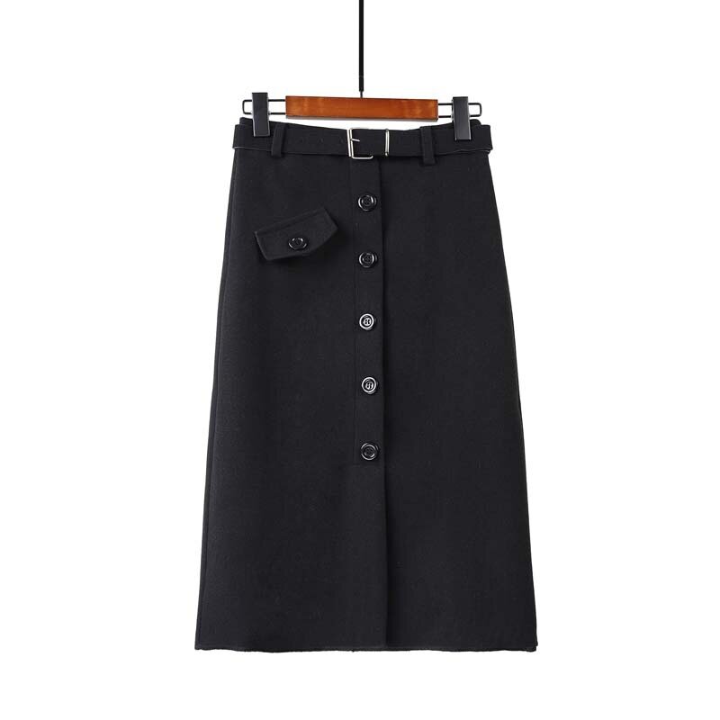 Falda de tubo de lana cálida para mujer, Falda Midi ajustada de cintura alta con botones y cinturón, para otoño e invierno, 2021