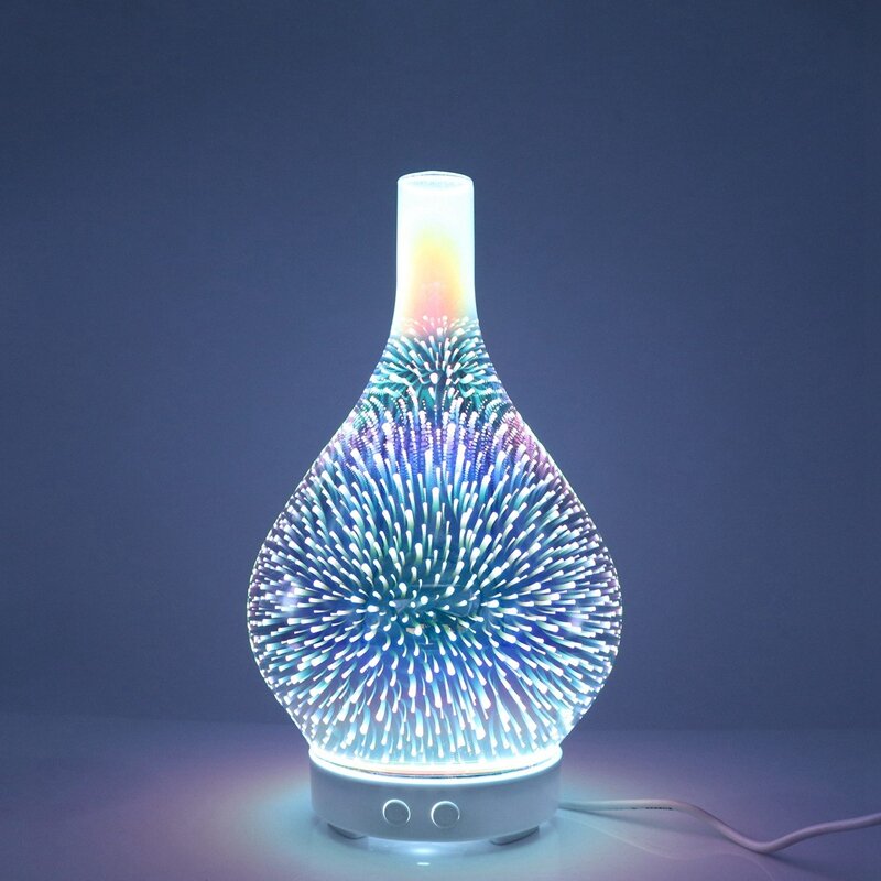 3D Fogo de Artifício Vidro Vaso Forma Umidificador De Ar, Difusor De Óleo Essencial, Fabricante De Névoa, 7 Cor LED Night Light, Ultrasonic