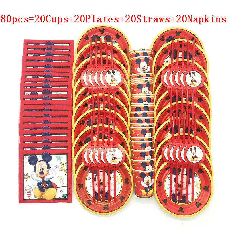 Red Mickey Mouse Tema Copos de Papel Descartáveis e Placas Set, Palhas Flexíveis, Baby Shower, Kid Aniversário, Guardanapo Decoração Suprimentos, Quente