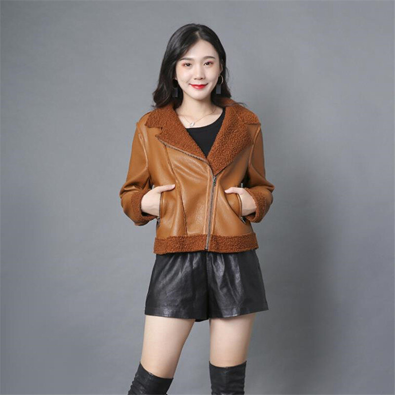Женская куртка из искусственной кожи, Короткая свободная куртка из искусственной кожи на молнии, корейское пальто из искусственной овечьей шерсти, Осень-зима 2023