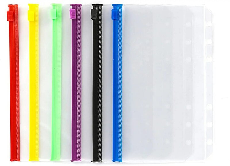 Bolsillos de plástico con 6 agujeros para archivador, bolsa de PVC impermeable con cremallera para carpetas de colores, para documentos, cuadernos y tarjetas, tamaño A6