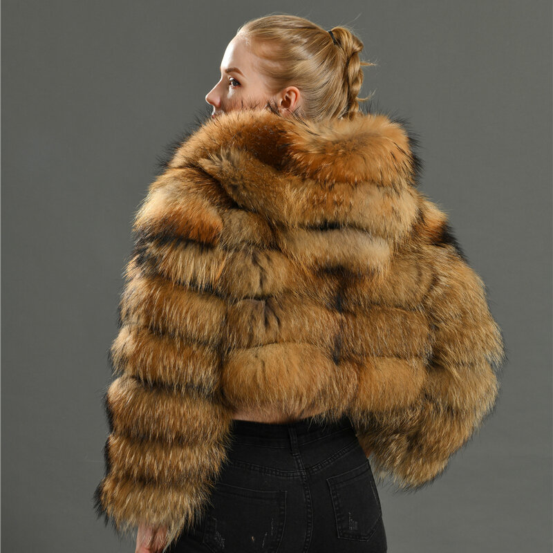 女性のアライグマの毛皮のジャケット,厚くて暖かいショートスタイルの冬のコート