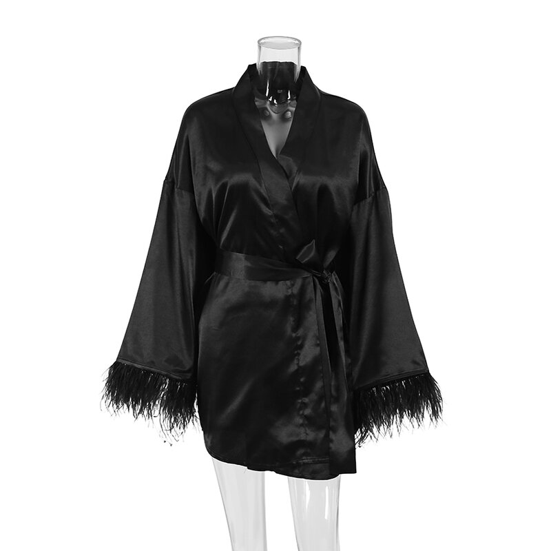 Hiloc Feather เสื้อคลุมอาบน้ำซาตินชุดมินิเซ็กซี่แขนยาวหลวม Peignoirs สำหรับสตรีสีขาวงานแต่งงานชุดเจ้าสาวสีดำชุด