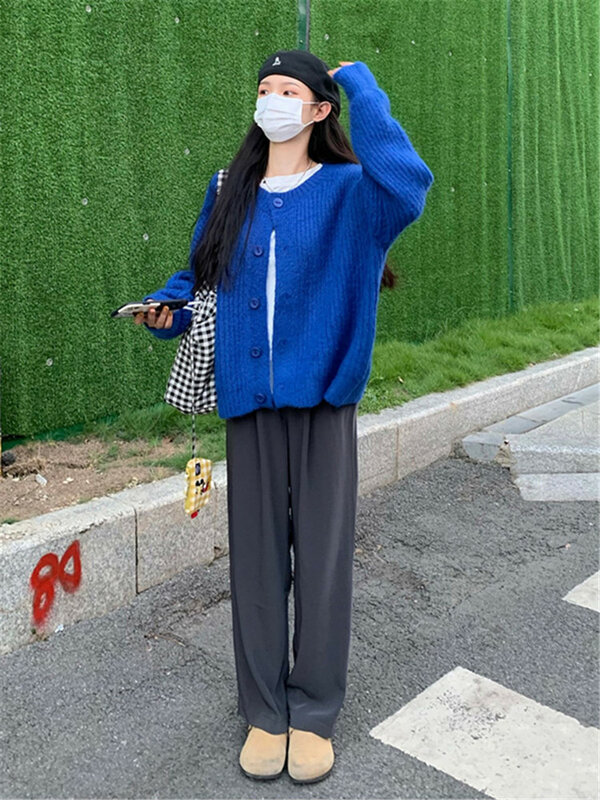 Cárdigans Vintage para mujer, suéteres de manga larga con botonadura única, abrigos holgados coreanos con cuello redondo para primavera y otoño, 2022