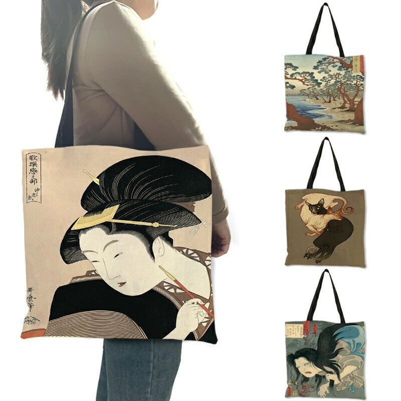 B06130  Fabric Womens Totes Handbags Ukiyoe Style Japanese Kabuki Print Shopping Bag Large Capacity Shoulder Bags