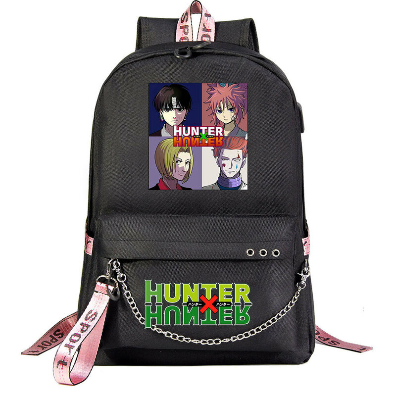 Anime hunter x hunter mochila para adolescente crianças schoolbags homens com corrente de carregamento usb pacote mochila de viagem diária sacos