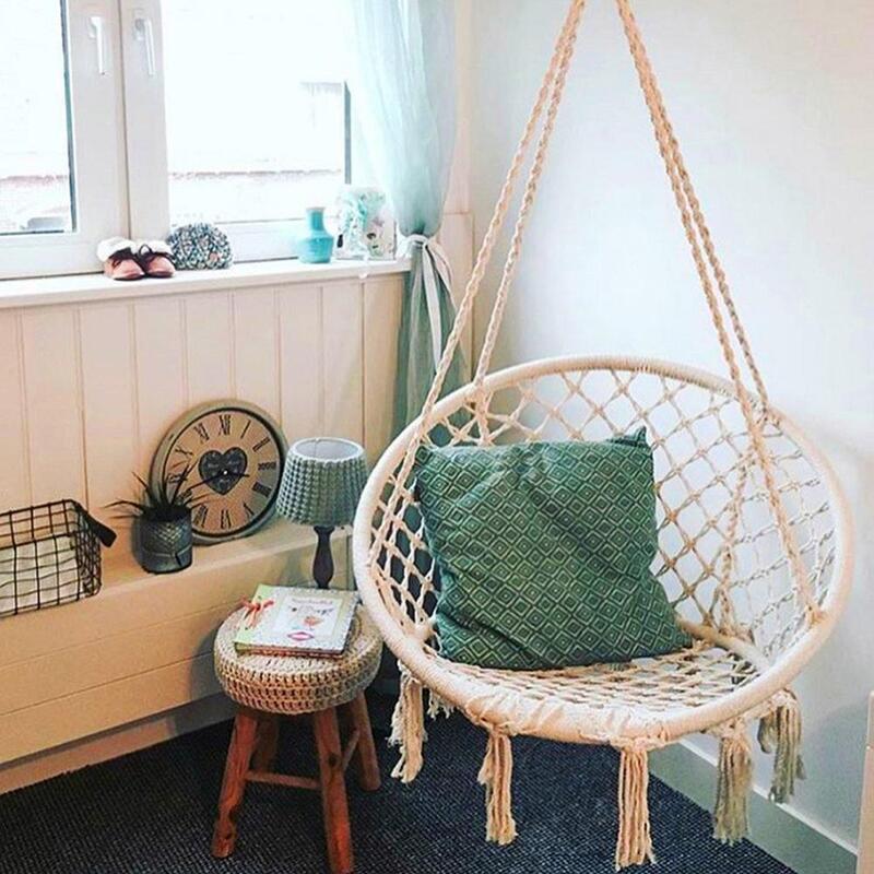 Beige Cotton Woven Hanging Hammock Chair Swing Rope Outdoor Indoor Home Bar Garden Seat Hang Chair For Kids Child Adult Dropship