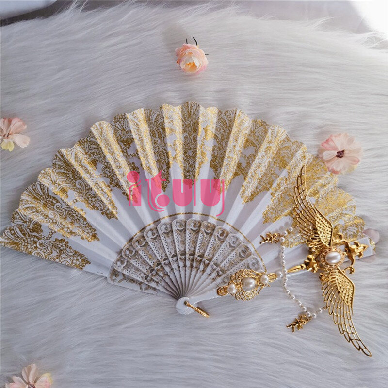 Lolita-abanicos de mano de estilo Harajuku Vintage, accesorio de fotomatón para espectáculo de escenario, Gema hermosa, perla, alas de Ángel, abanico plegable