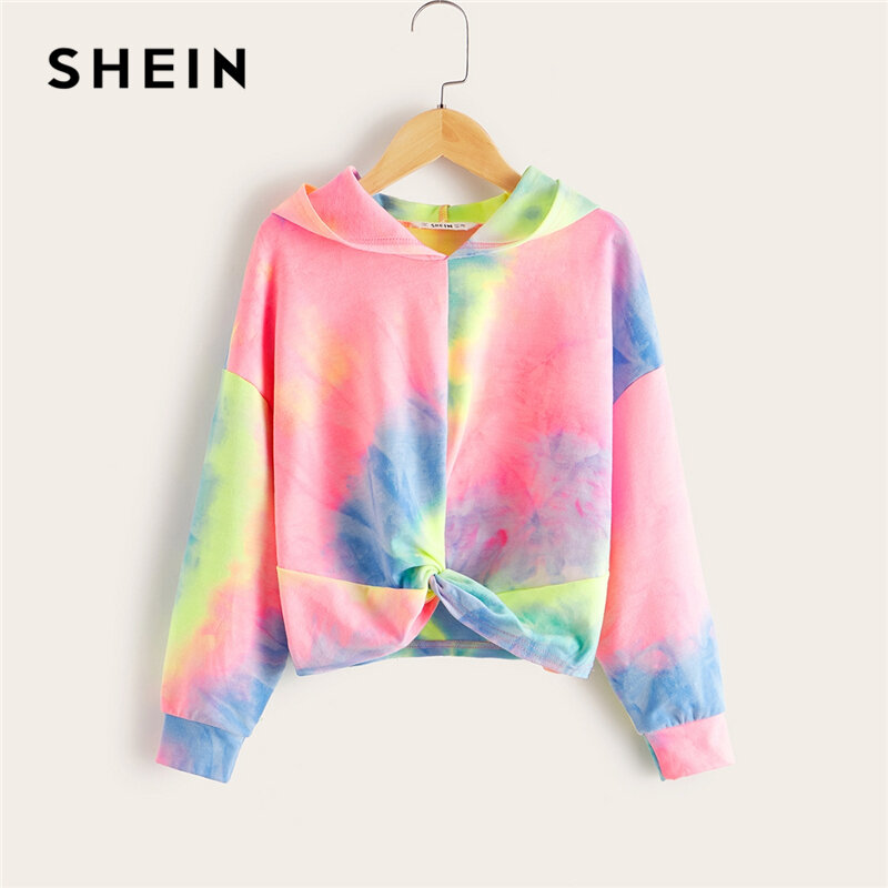 SHEIN Kiddie Mädchen Multicolor Twist Vorne mit Kapuze Sweatshirt Kinder 2019 Herbst Langarm Tie Dye Colorblock Casual sweatshirts