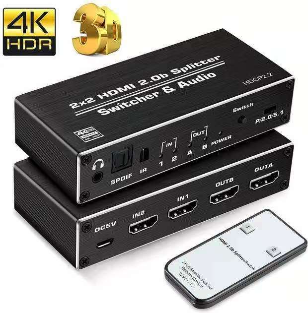 2020 4K HDMI 2.0 przełącznik 2 na 2 wyjścia 4K @ 60hz, 2x2 rozgałęźnik HDMI z optycznym Toslink SPDIF i 3.5mm Jack ekstraktor Audio